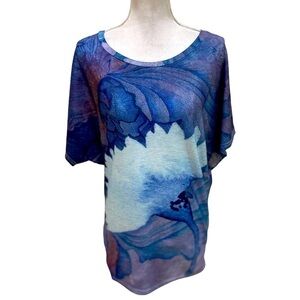 LoveU. Dear abstract floral blues short sleeve top ruched sides size medium